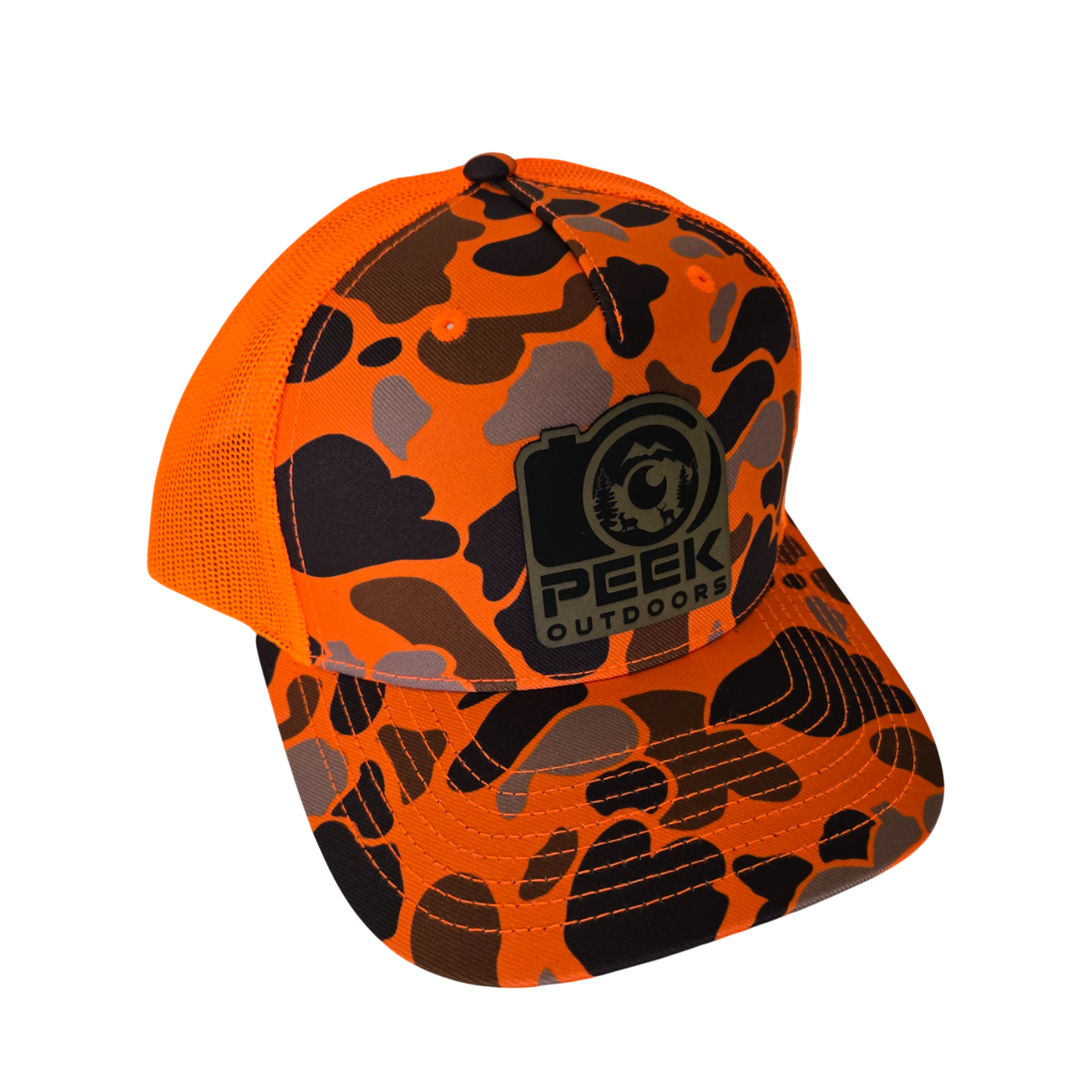 Peek Outdoors Hat, Blaze Camo Orange, Leather Patch